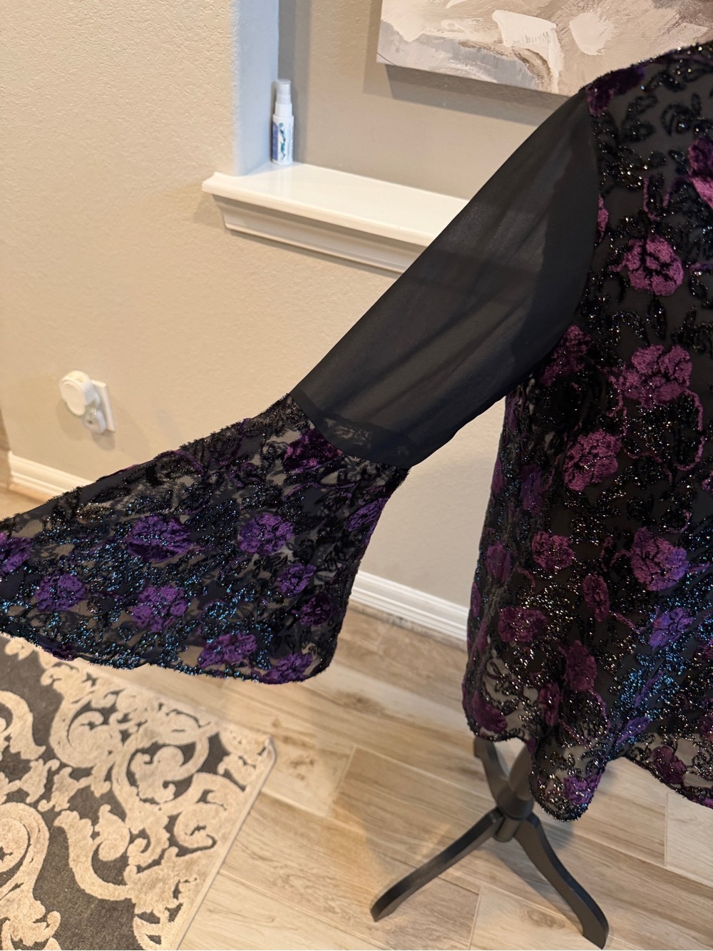 Women's Black Sheer V-Neck Top with Purple Floral Sequin Detail - Picture 2 of 3